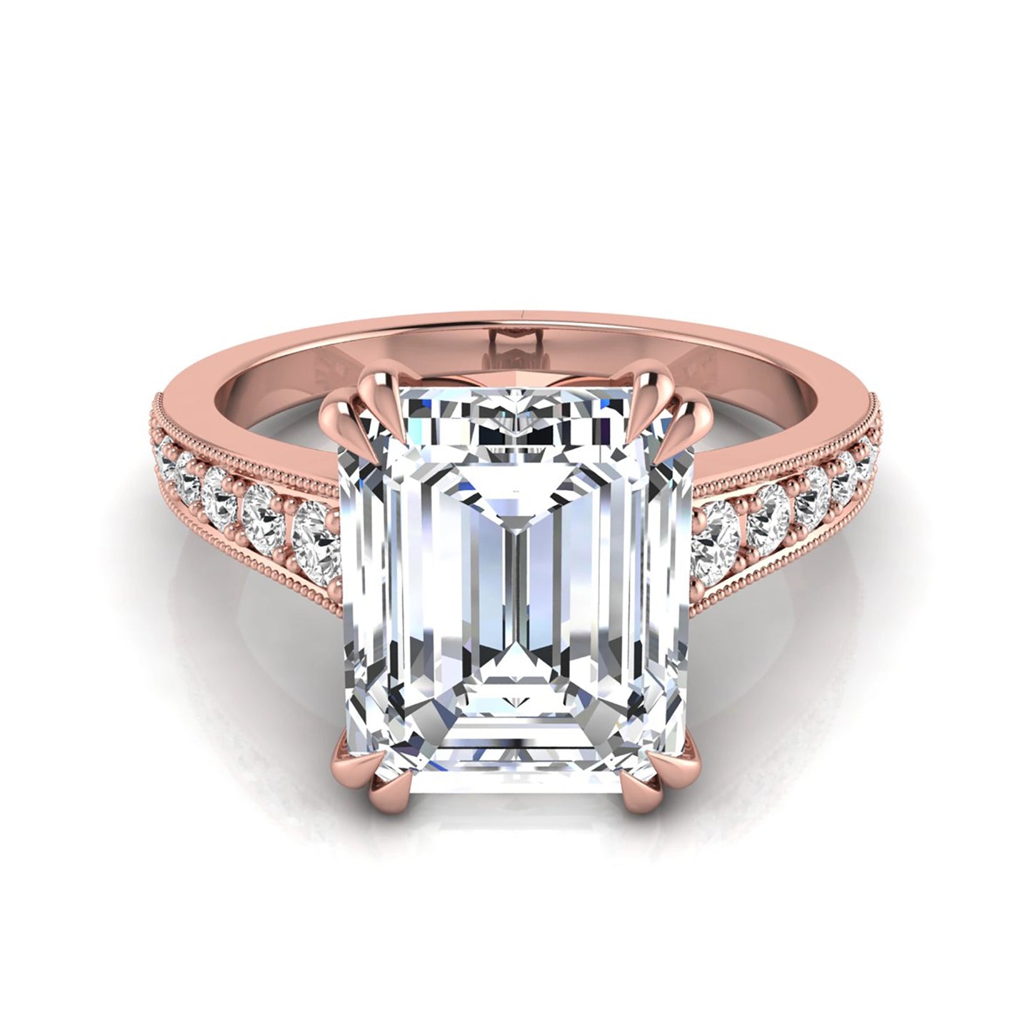 Emerald cut lab grown diamond engagement ring featuring a 3.79 carat IGI certified center diamond with round side diamonds and vintage milgrain detailing in rose gold.