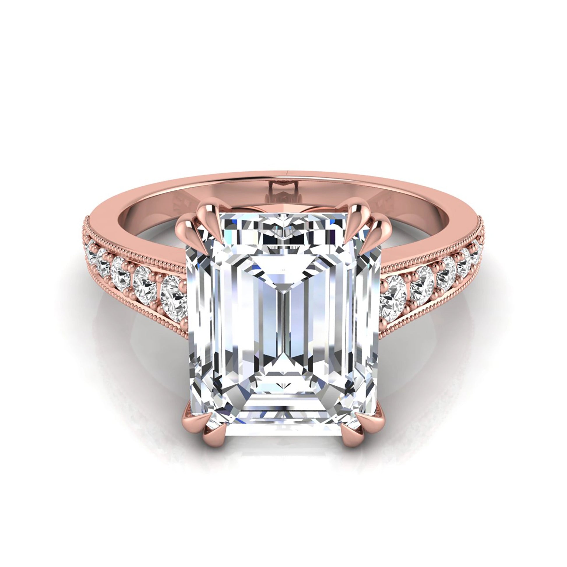 Emerald cut lab grown diamond engagement ring featuring a 3.79 carat IGI certified center diamond with round side diamonds and vintage milgrain detailing in rose gold.