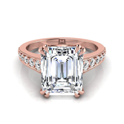 Emerald cut lab grown diamond engagement ring featuring a 3.79 carat IGI certified center diamond with round side diamonds and vintage milgrain detailing in rose gold.