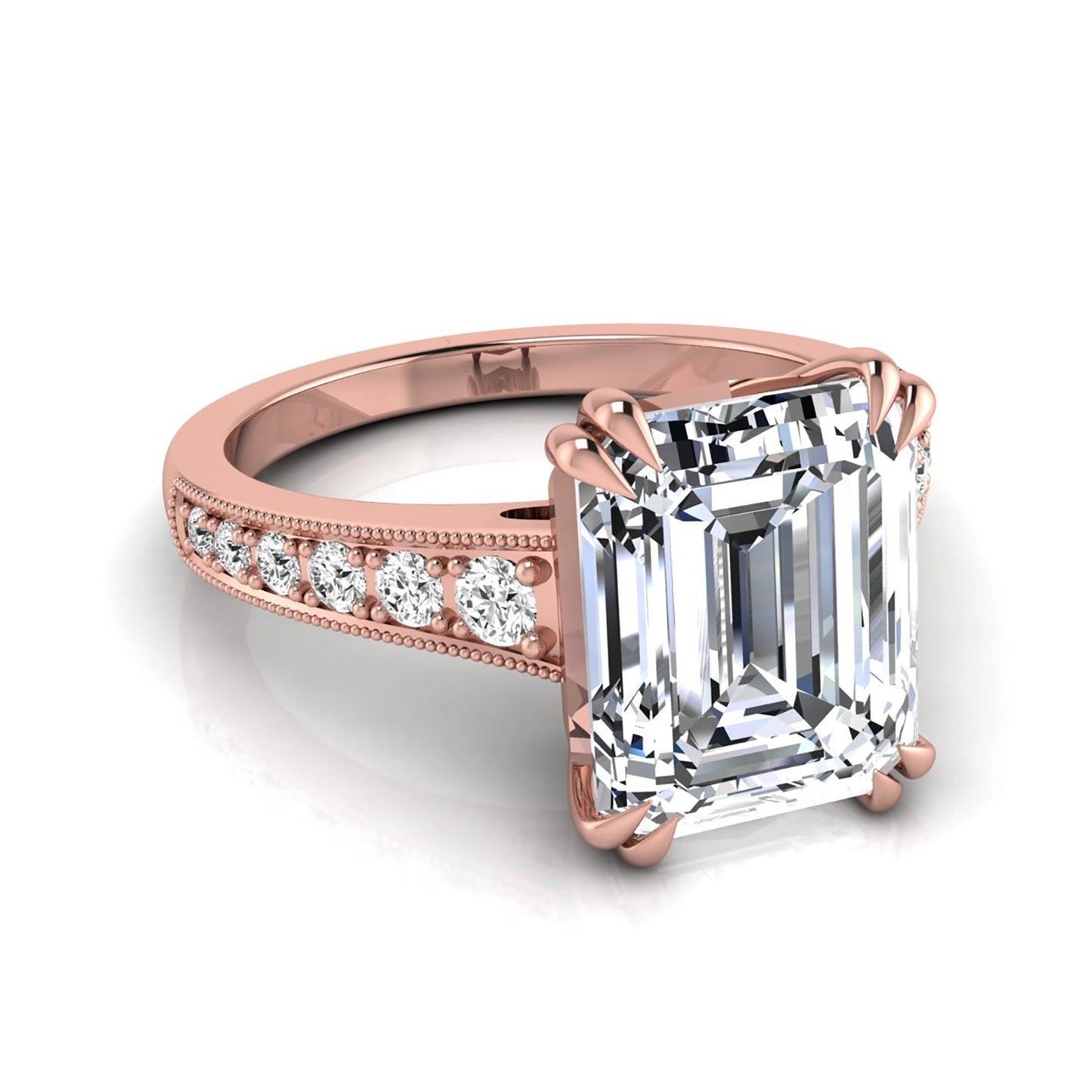 Emerald cut lab grown diamond engagement ring featuring a 3.79 carat IGI certified center diamond with round side diamonds and vintage milgrain detailing in rose gold.
