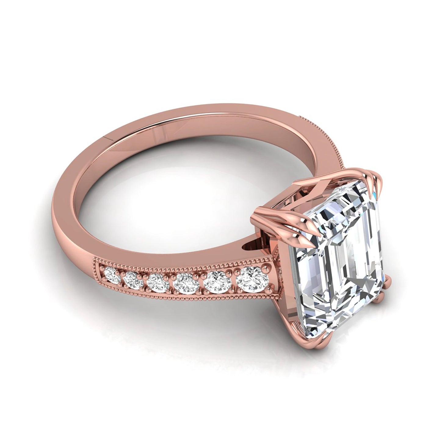 Emerald cut lab grown diamond engagement ring featuring a 3.79 carat IGI certified center diamond with round side diamonds and vintage milgrain detailing in rose gold.