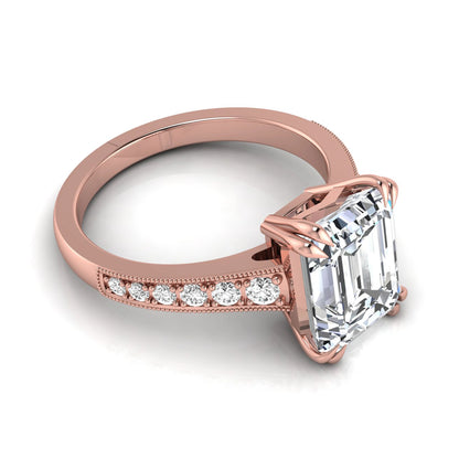 Emerald cut lab grown diamond engagement ring featuring a 3.79 carat IGI certified center diamond with round side diamonds and vintage milgrain detailing in rose gold.