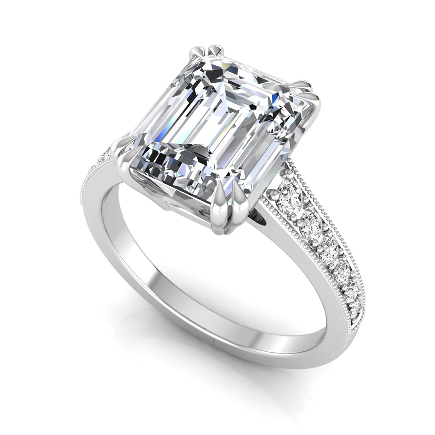 Emerald cut lab grown diamond engagement ring featuring a 3.79 carat IGI certified center diamond with round side diamonds and vintage milgrain detailing in white gold.