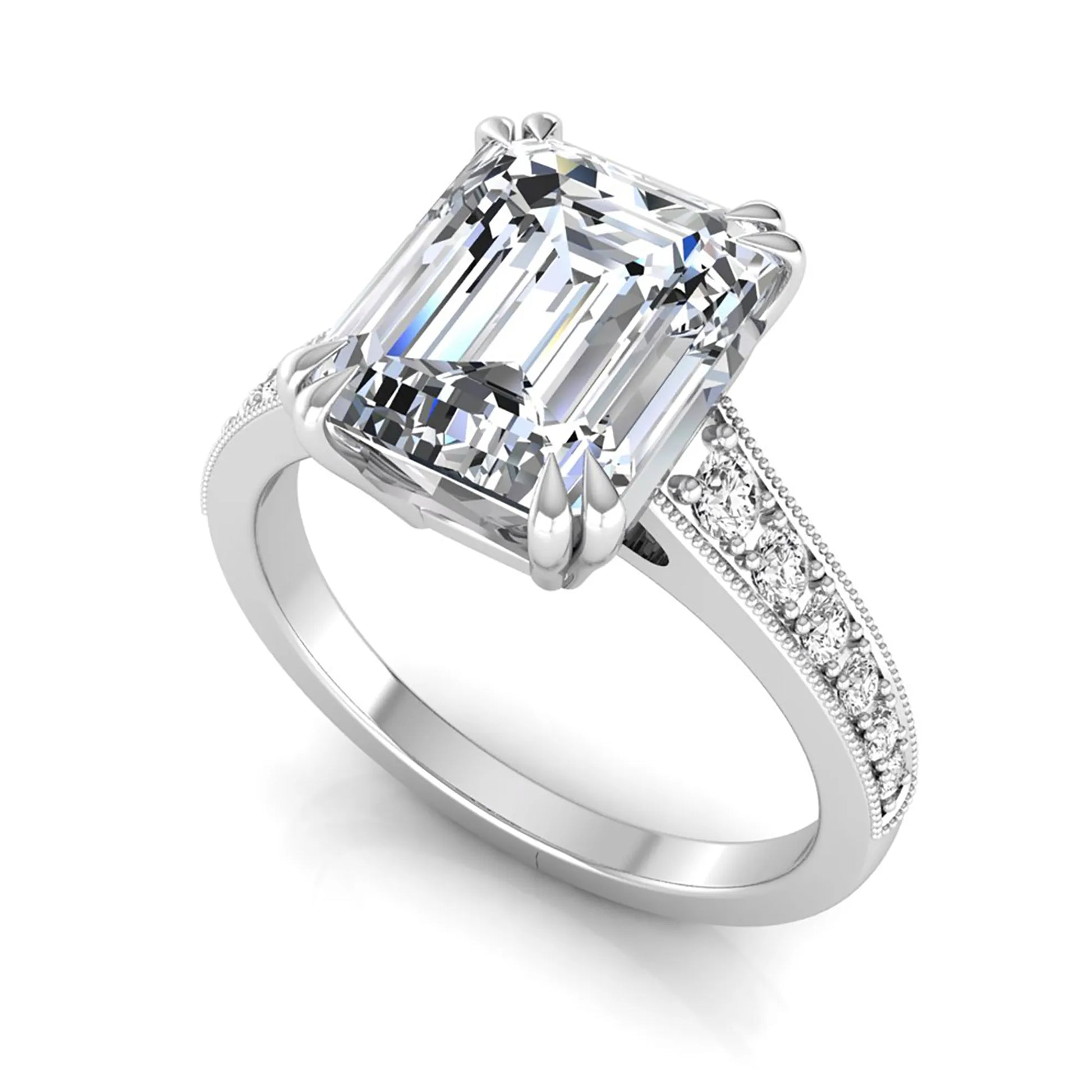 Emerald cut lab grown diamond engagement ring featuring a 3.79 carat IGI certified center diamond with round side diamonds and vintage milgrain detailing in white gold.