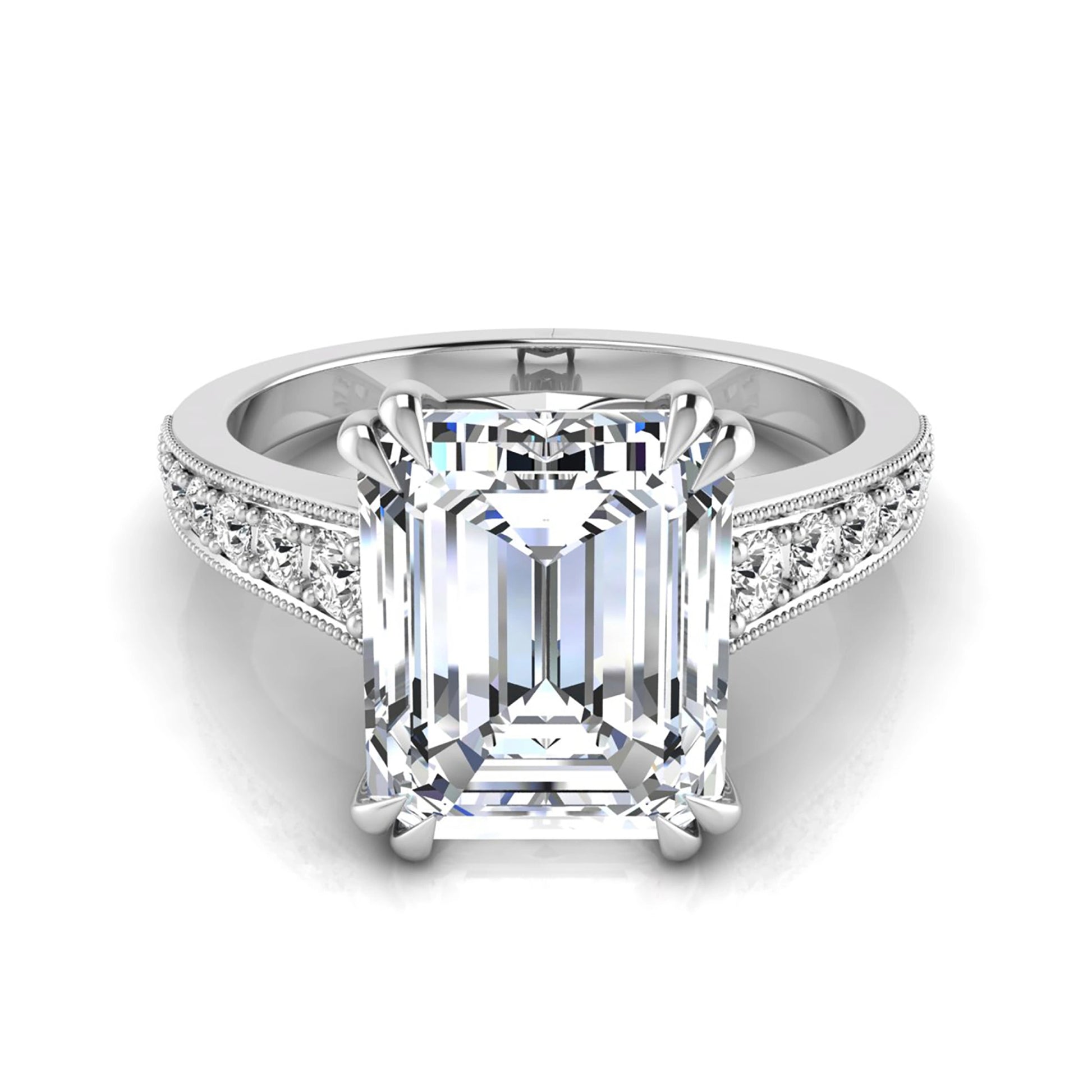 Emerald cut lab grown diamond engagement ring featuring a 3.79 carat IGI certified center diamond with round side diamonds and vintage milgrain detailing in white gold.