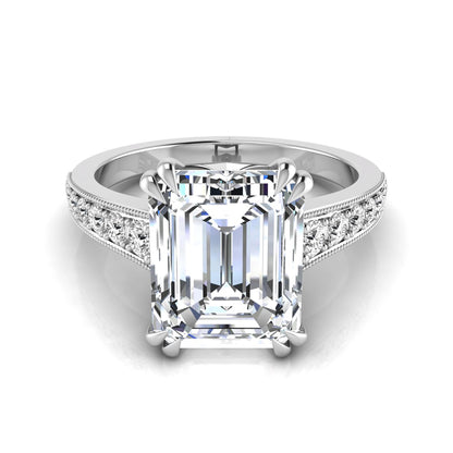Emerald cut lab grown diamond engagement ring featuring a 3.79 carat IGI certified center diamond with round side diamonds and vintage milgrain detailing in white gold.
