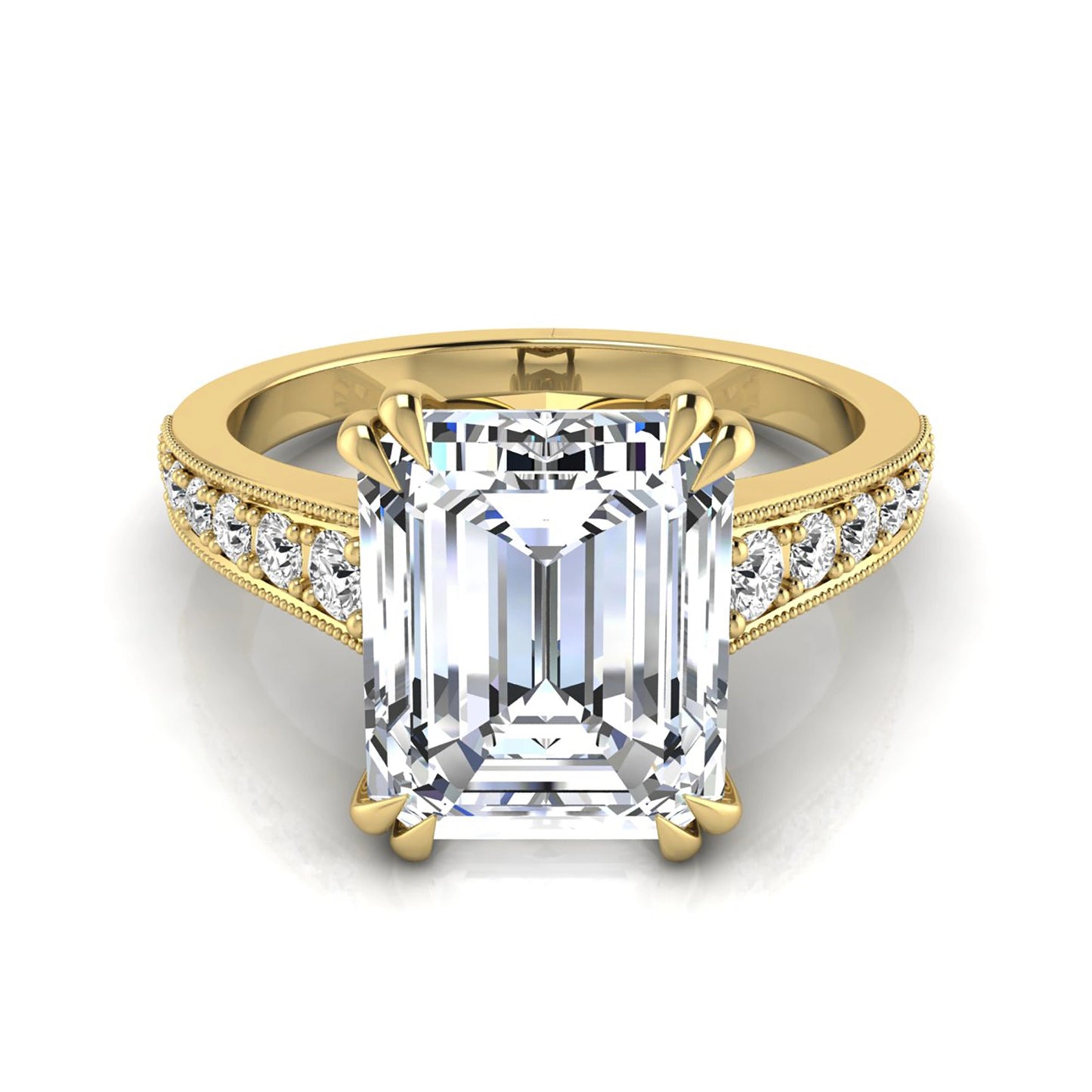 Emerald cut lab grown diamond engagement ring featuring a 3.79 carat IGI certified center diamond with round side diamonds and vintage milgrain detailing in yellow gold.