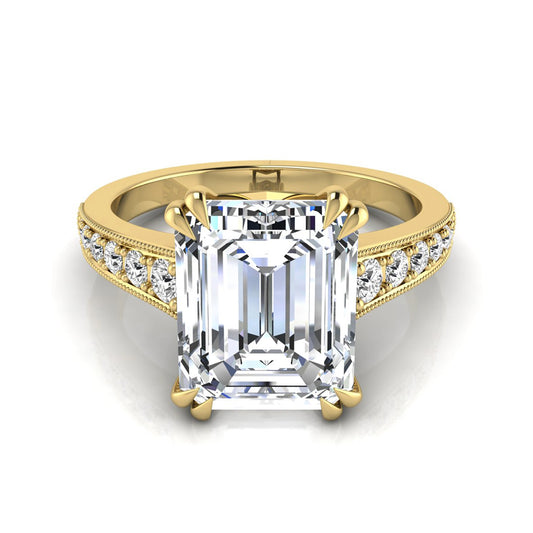 Emerald cut lab grown diamond engagement ring featuring a 3.79 carat IGI certified center diamond with round side diamonds and vintage milgrain detailing in yellow gold.
