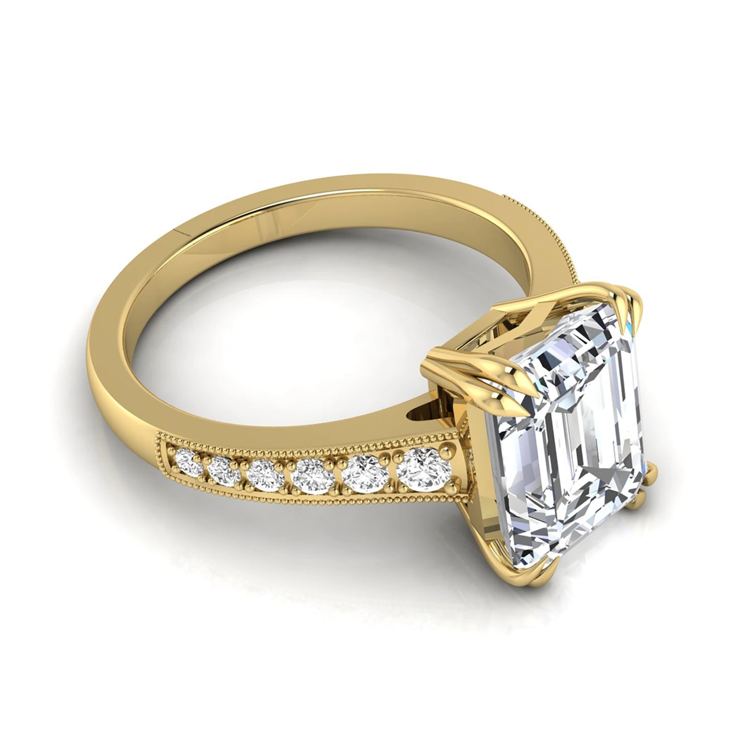 Emerald cut lab grown diamond engagement ring featuring a 3.79 carat IGI certified center diamond with round side diamonds and vintage milgrain detailing in yellow gold.
