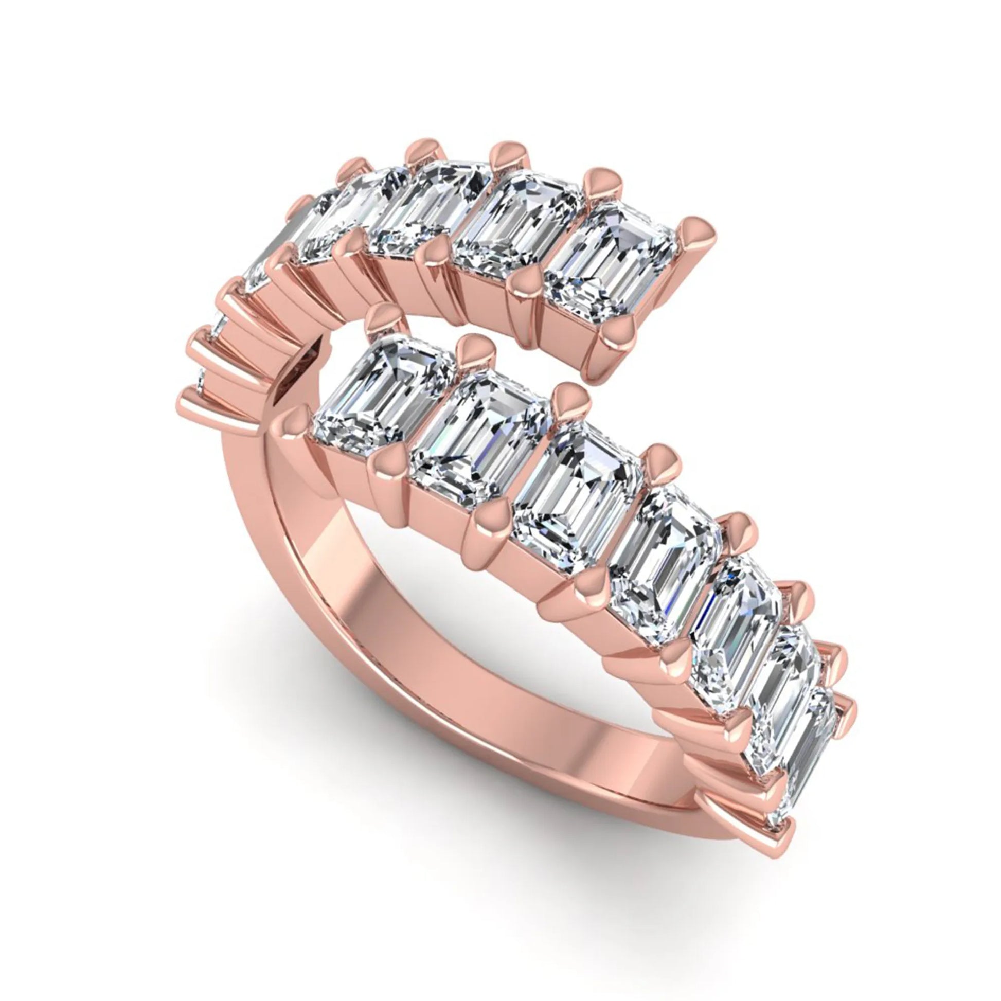 Emerald cut lab grown diamond open cuff bypass ring with prong setting in rose gold tone.