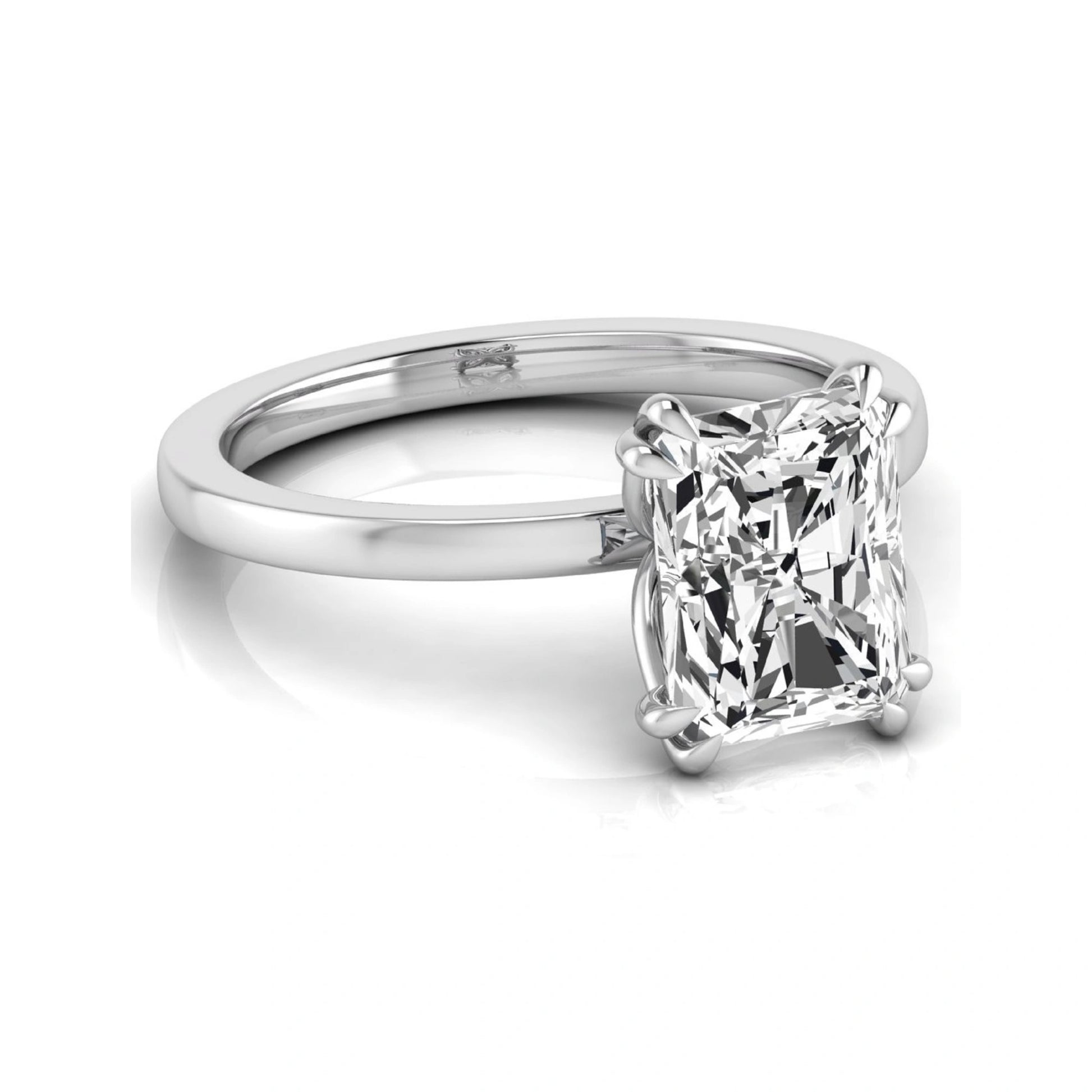 Emerald cut lab grown diamond solitaire engagement ring featuring an approximately 2.62 carat IGI certified emerald cut diamond in a classic four-prong white gold setting.