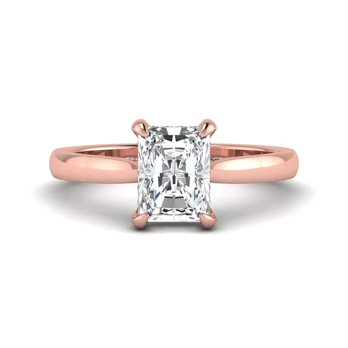 Emerald cut lab grown diamond solitaire engagement ring featuring a 1.74 carat IGI certified center diamond with hidden pavé accents in rose gold.