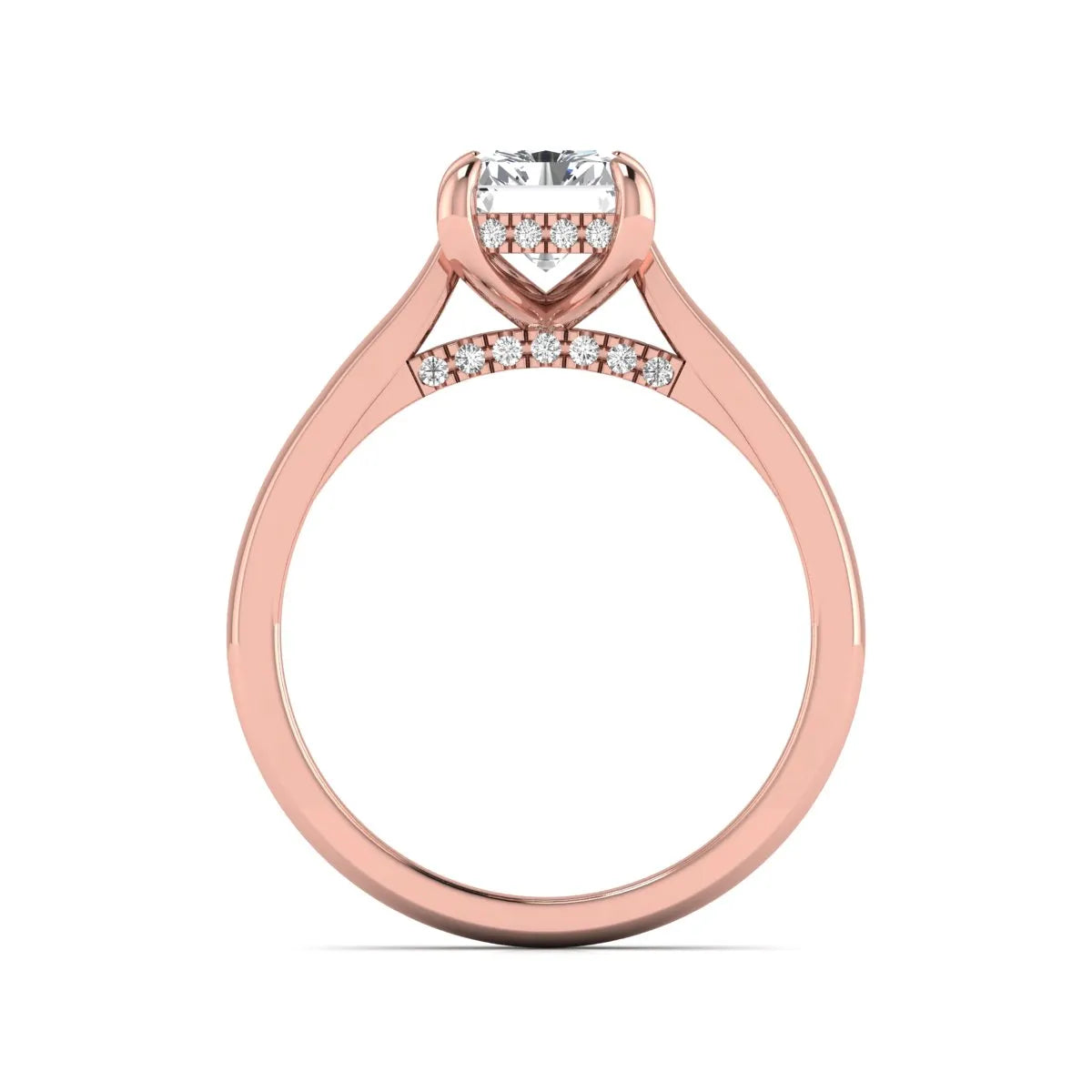 Emerald cut lab grown diamond solitaire engagement ring featuring a 1.74 carat IGI certified center diamond with hidden pavé accents in rose gold.