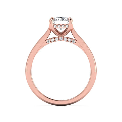 Emerald cut lab grown diamond solitaire engagement ring featuring a 1.74 carat IGI certified center diamond with hidden pavé accents in rose gold.
