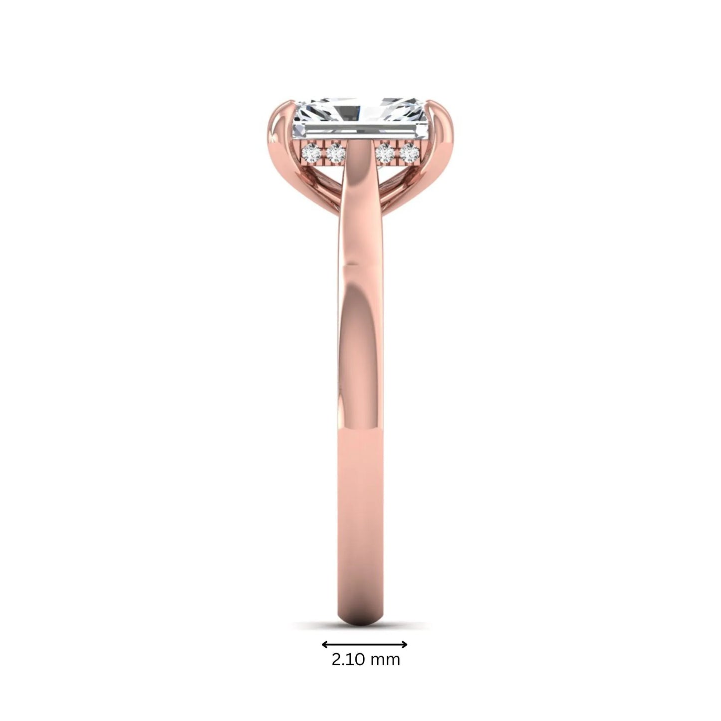 Emerald cut lab grown diamond solitaire engagement ring featuring a 1.74 carat IGI certified center diamond with hidden pavé accents in rose gold.