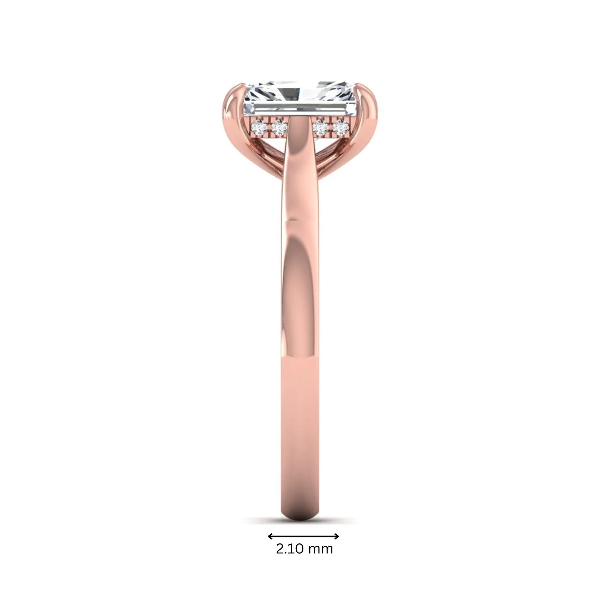 Emerald cut lab grown diamond solitaire engagement ring featuring a 1.74 carat IGI certified center diamond with hidden pavé accents in rose gold.