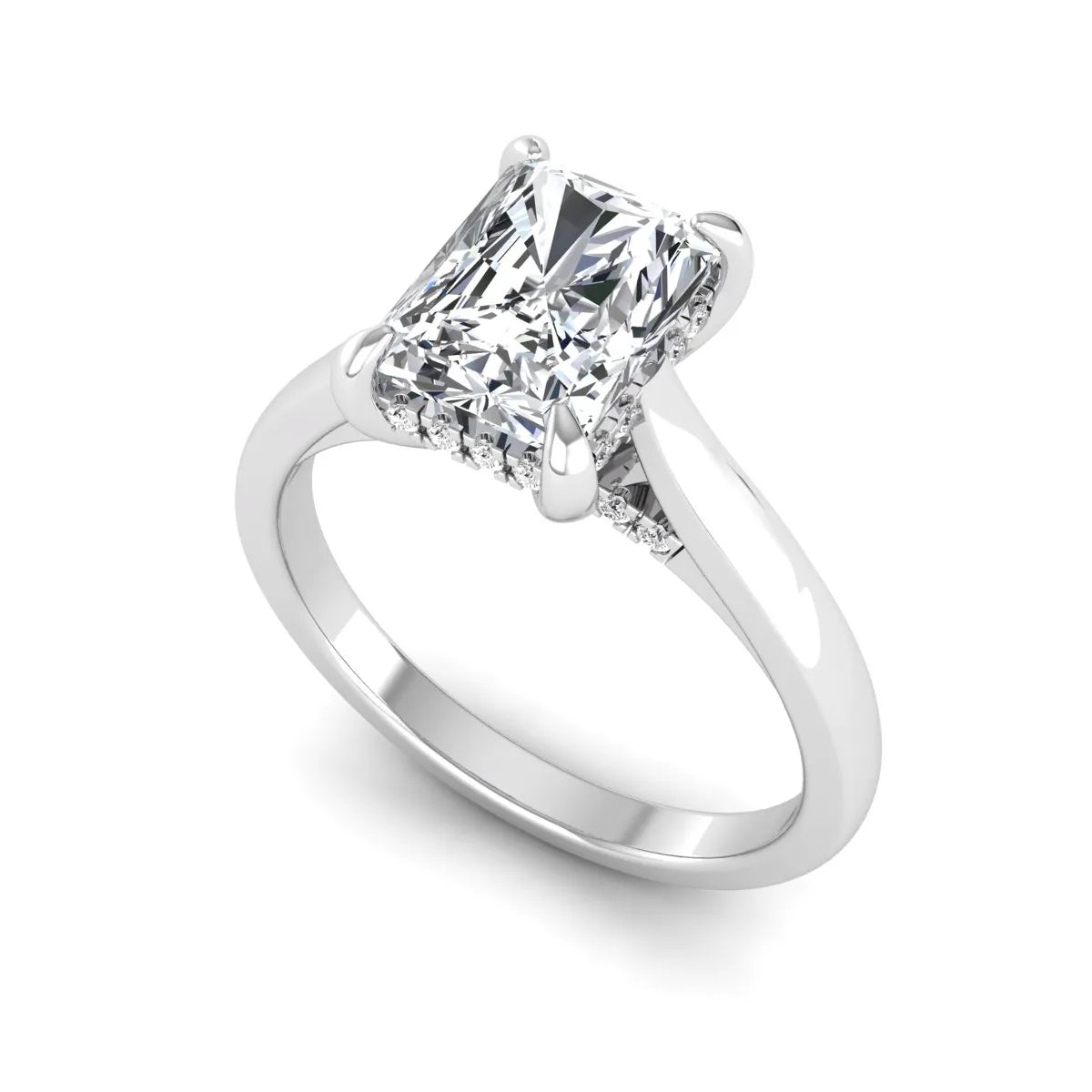 Emerald cut lab grown diamond solitaire engagement ring featuring a 1.74 carat IGI certified center diamond with hidden pavé accents in white gold.