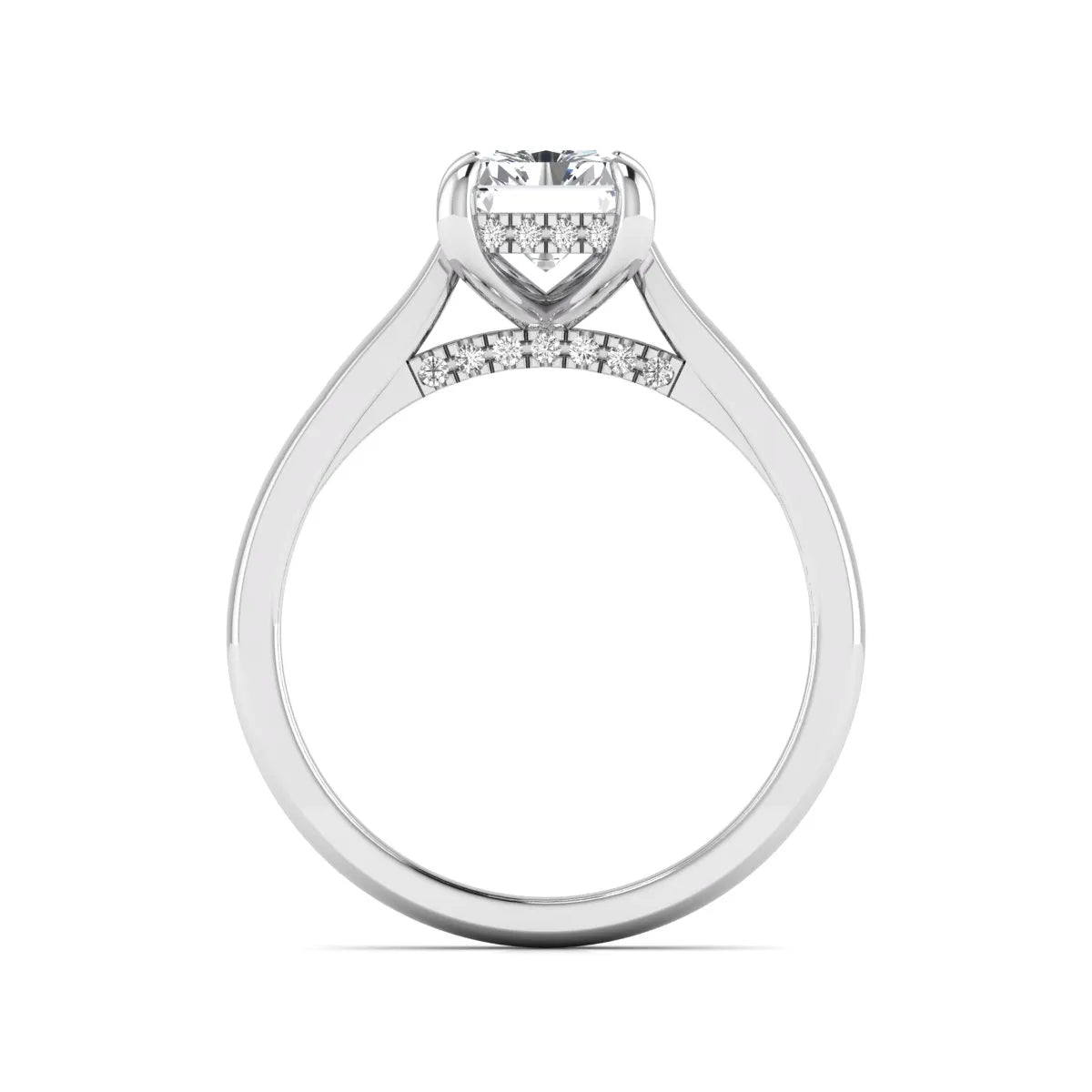 Emerald cut lab grown diamond solitaire engagement ring featuring a 1.74 carat IGI certified center diamond with hidden pavé accents in white gold.
