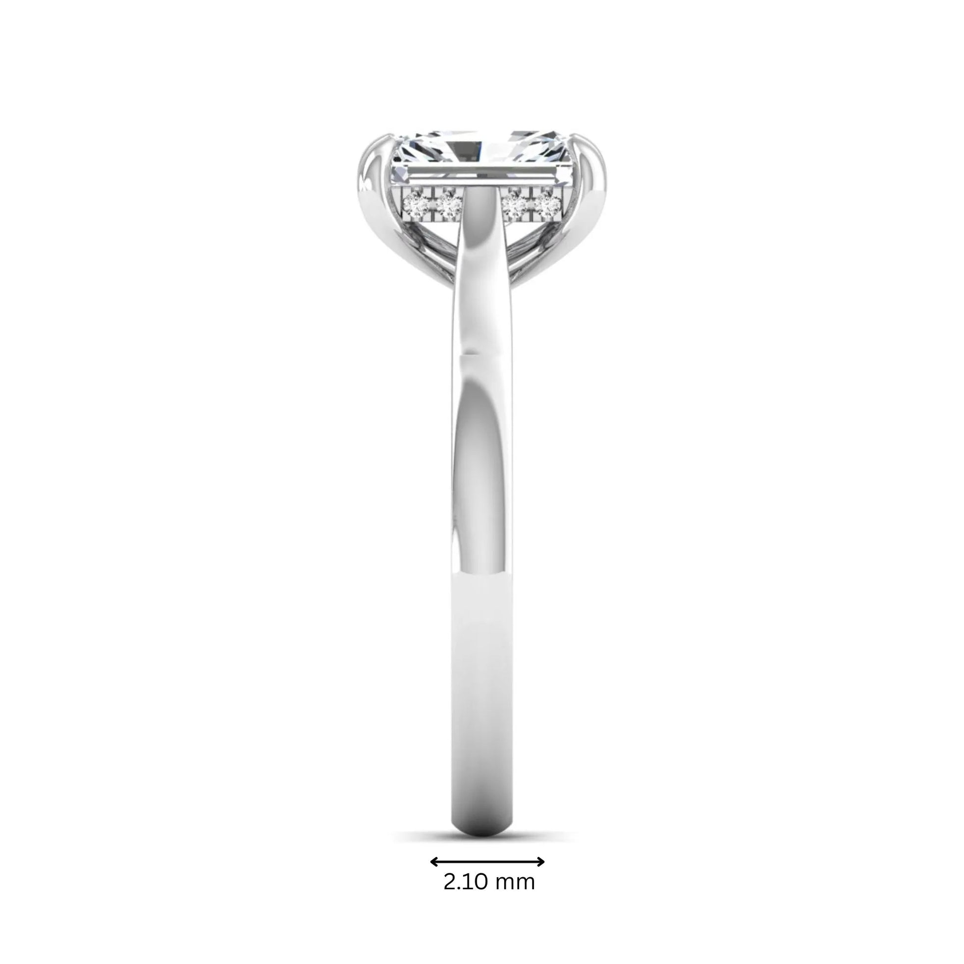 Emerald cut lab grown diamond solitaire engagement ring featuring a 1.74 carat IGI certified center diamond with hidden pavé accents in white gold.
