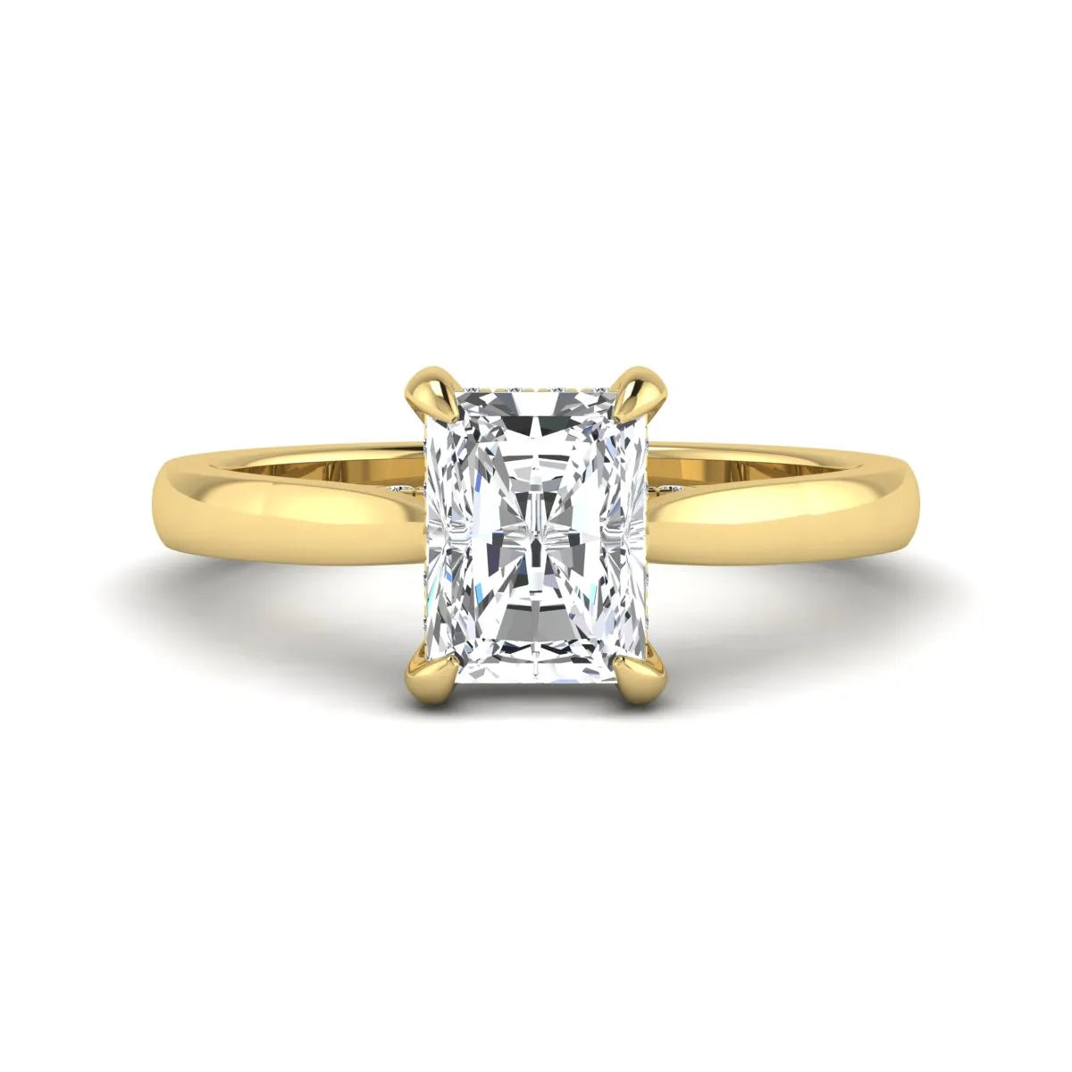 Emerald cut lab grown diamond solitaire engagement ring featuring a 1.74 carat IGI certified center diamond with hidden pavé accents in yellow gold.