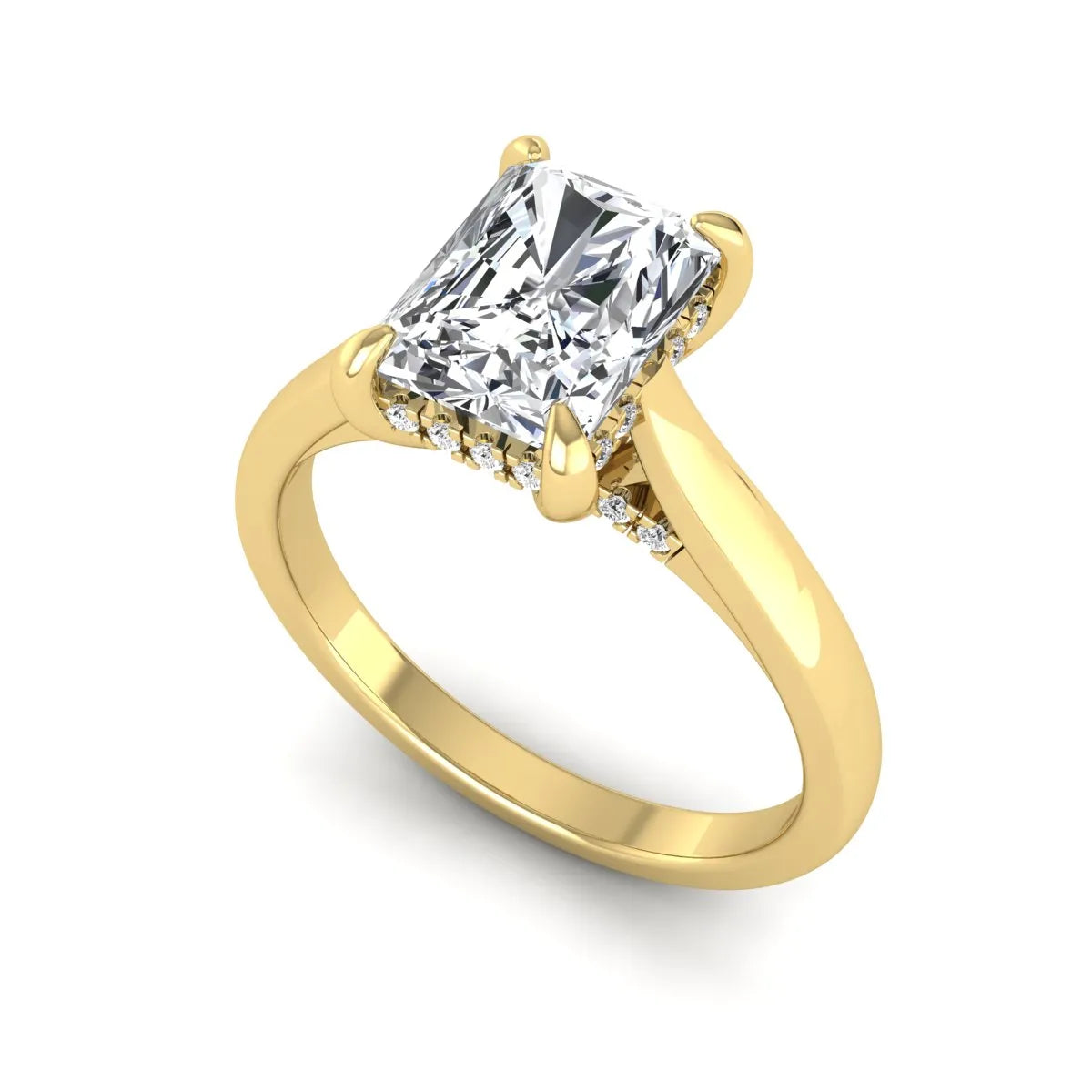 Emerald cut lab grown diamond solitaire engagement ring featuring a 1.74 carat IGI certified center diamond with hidden pavé accents in yellow gold.