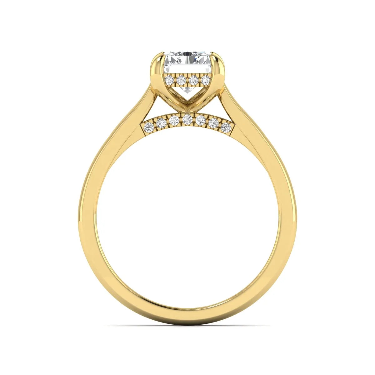 Emerald cut lab grown diamond solitaire engagement ring featuring a 1.74 carat IGI certified center diamond with hidden pavé accents in yellow gold.