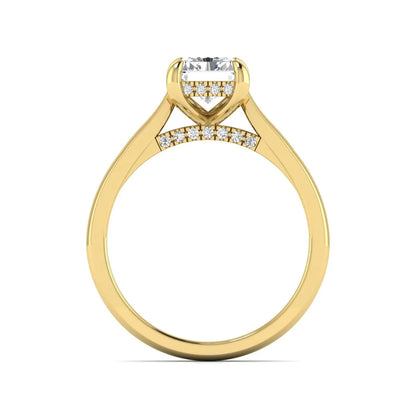 Emerald cut lab grown diamond solitaire engagement ring featuring a 1.74 carat IGI certified center diamond with hidden pavé accents in yellow gold.