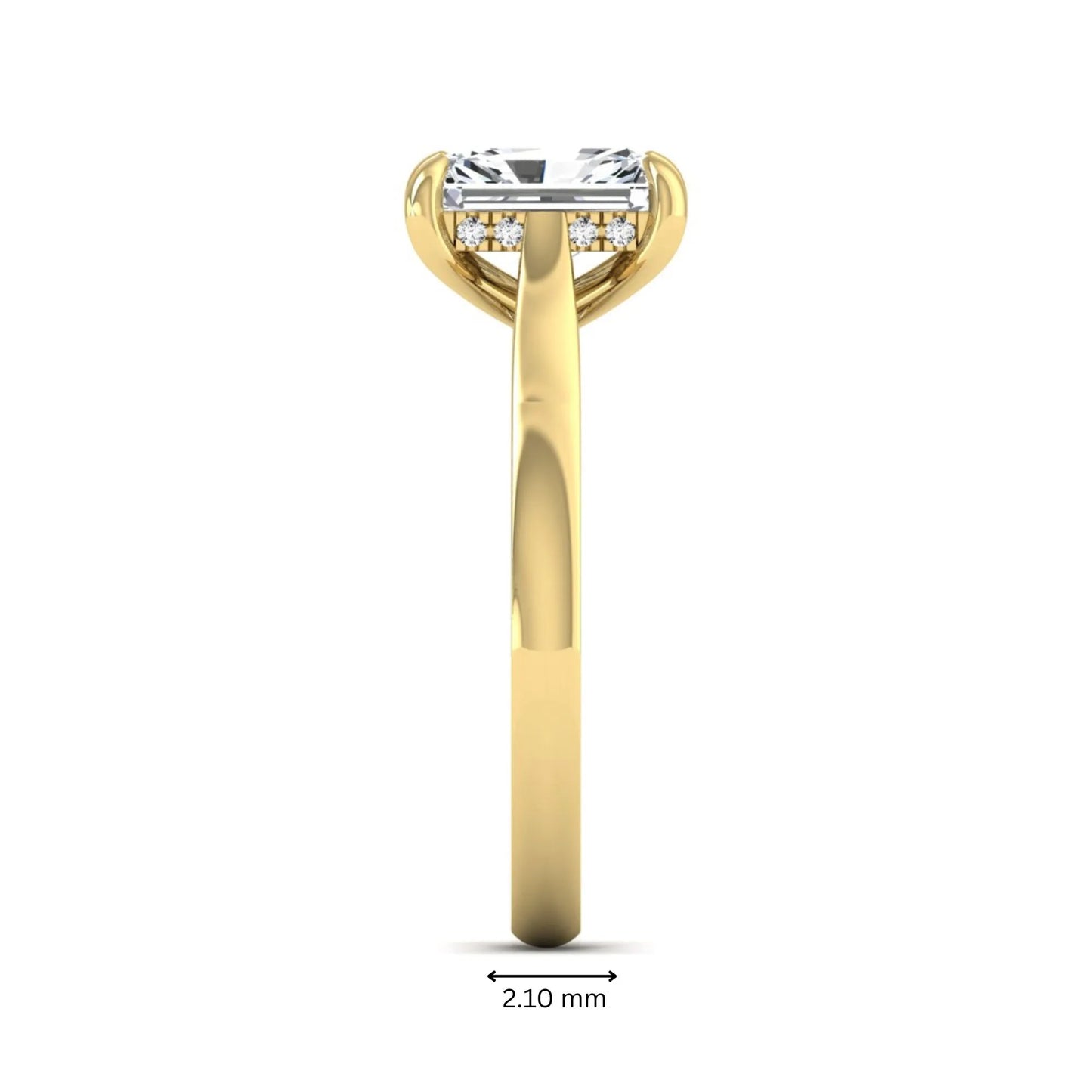 Emerald cut lab grown diamond solitaire engagement ring featuring a 1.74 carat IGI certified center diamond with hidden pavé accents in yellow gold.