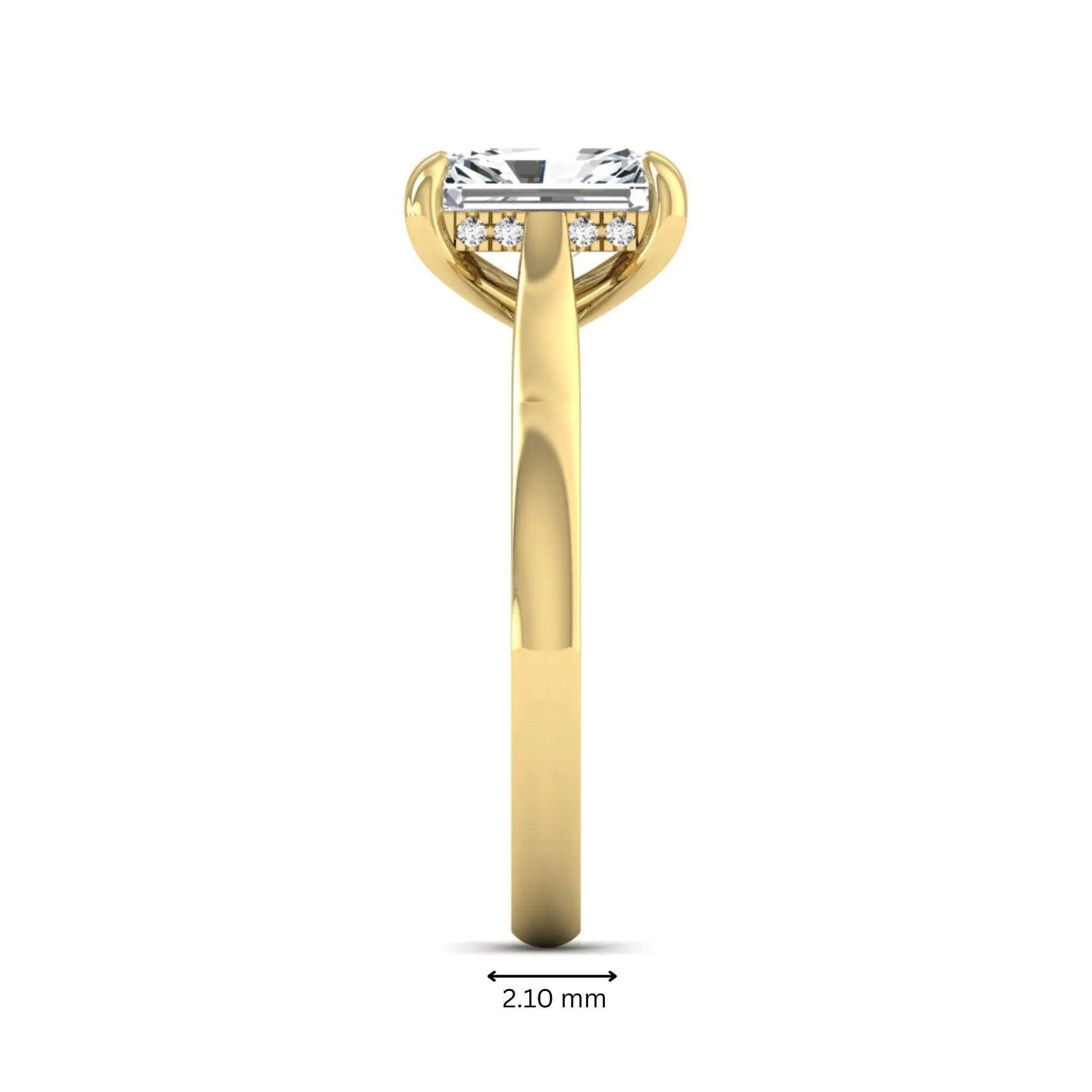 Emerald cut lab grown diamond solitaire engagement ring featuring a 1.74 carat IGI certified center diamond with hidden pavé accents in yellow gold.