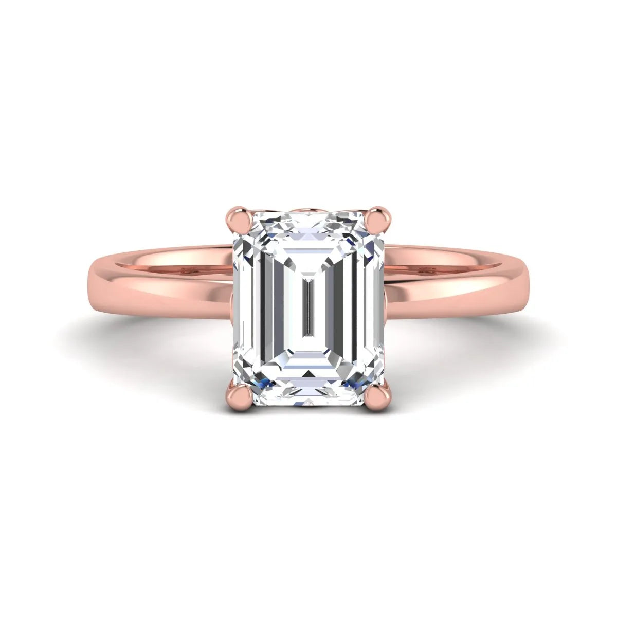 Emerald cut lab grown diamond solitaire engagement ring featuring a 2.62 carat IGI certified center diamond in rose gold.