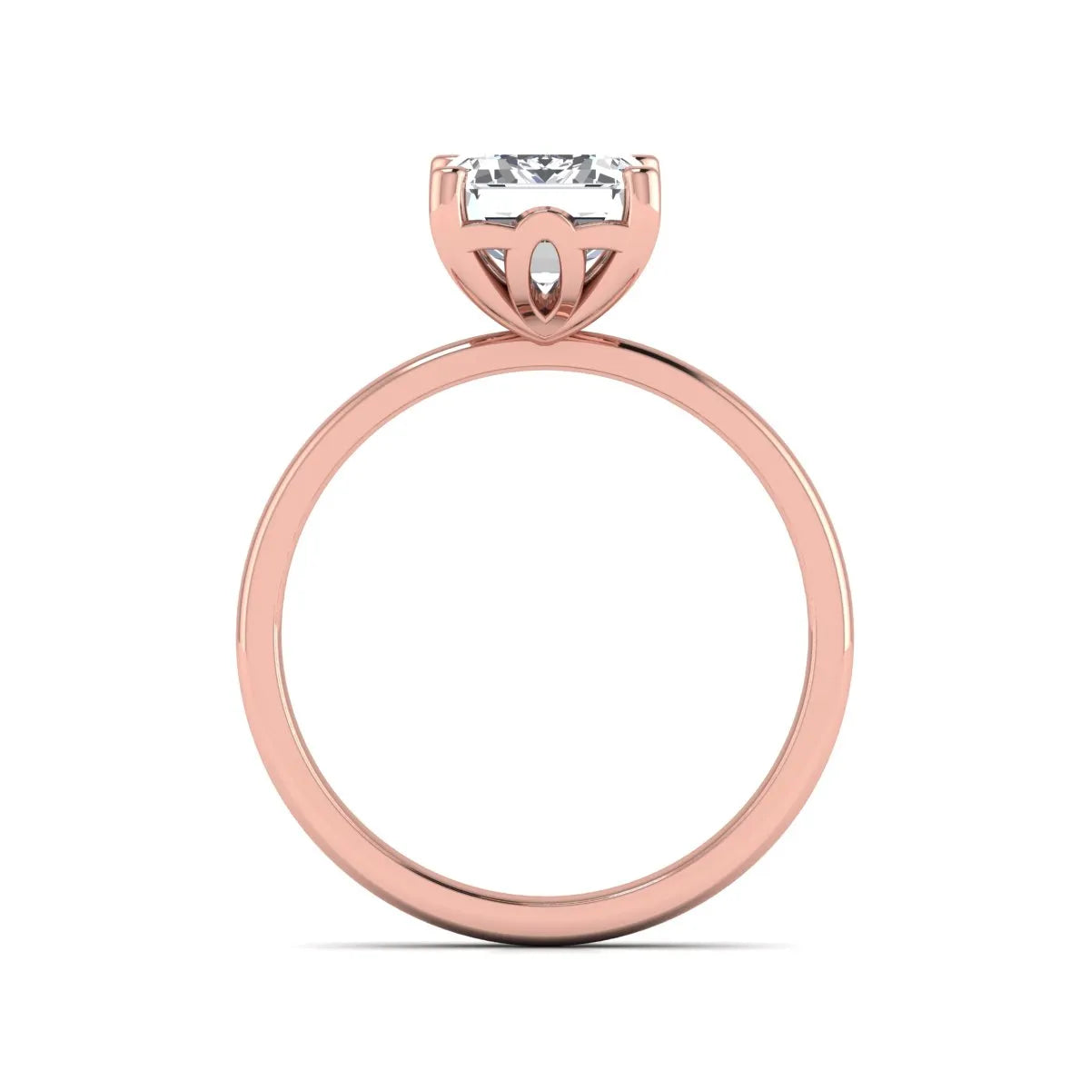 Emerald cut lab grown diamond solitaire engagement ring featuring a 2.62 carat IGI certified center diamond in rose gold.
