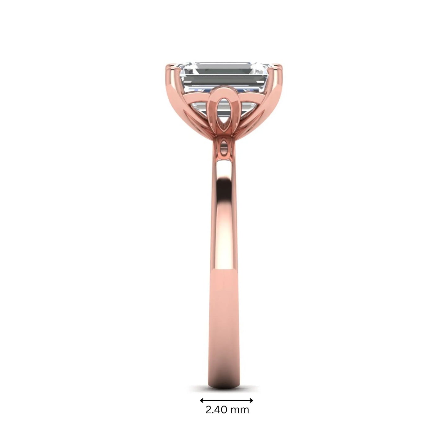 Emerald cut lab grown diamond solitaire engagement ring featuring a 2.62 carat IGI certified center diamond in rose gold.