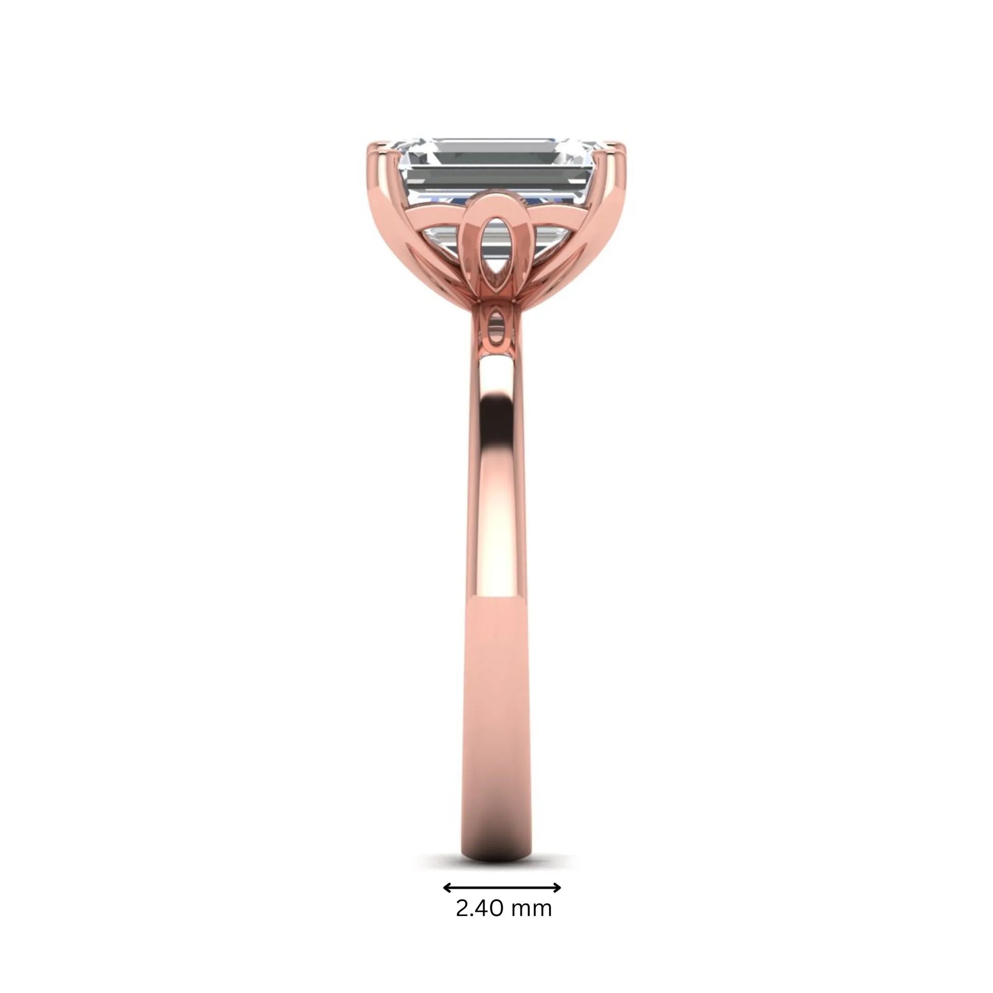 Emerald cut lab grown diamond solitaire engagement ring featuring a 2.62 carat IGI certified center diamond in rose gold.