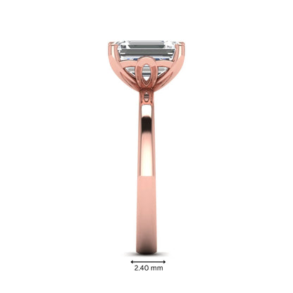 Emerald cut lab grown diamond solitaire engagement ring featuring a 2.62 carat IGI certified center diamond in rose gold.