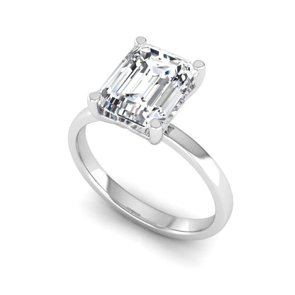 Emerald cut lab grown diamond solitaire engagement ring featuring a 2.62 carat IGI certified center diamond in white gold.