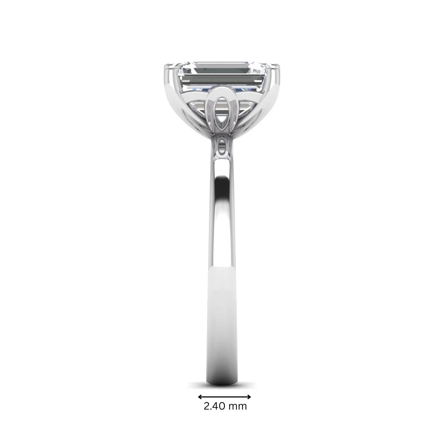 Emerald cut lab grown diamond solitaire engagement ring featuring a 2.62 carat IGI certified center diamond in white gold.