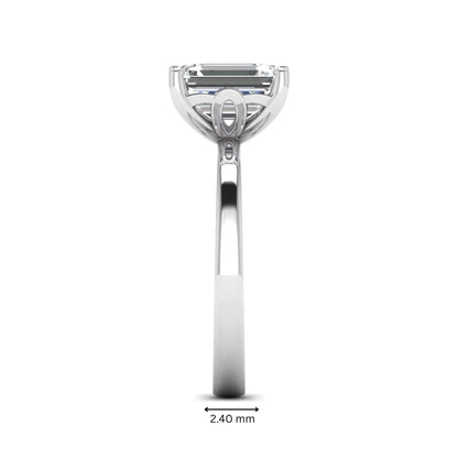 Emerald cut lab grown diamond solitaire engagement ring featuring a 2.62 carat IGI certified center diamond in white gold.