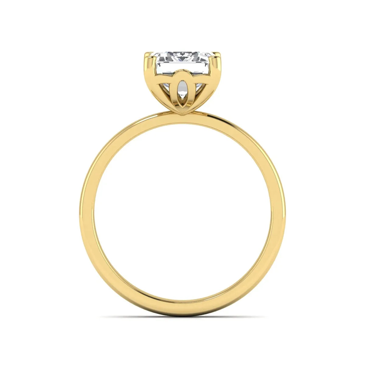 Emerald cut lab grown diamond solitaire engagement ring featuring a 2.62 carat IGI certified center diamond in yellow gold.