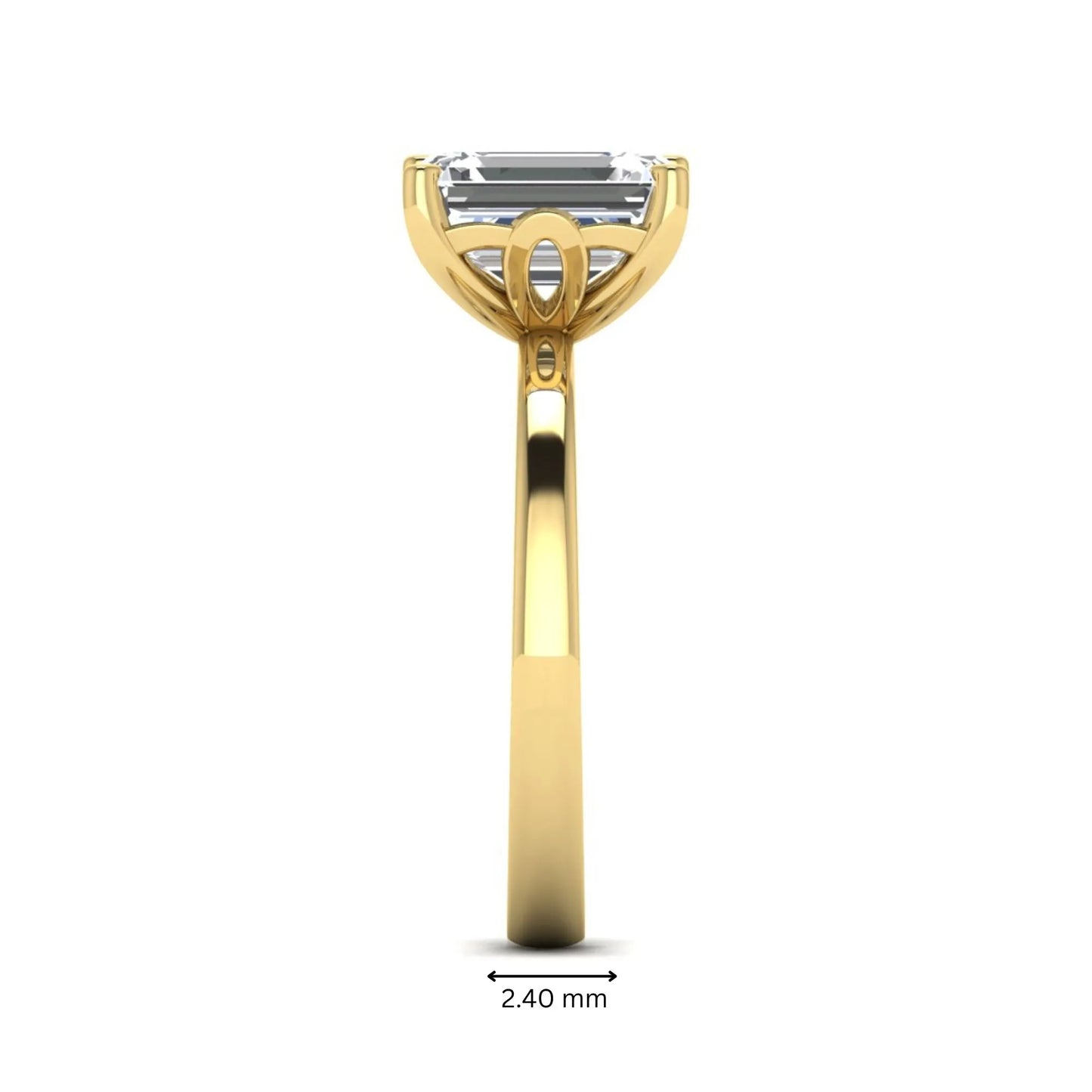Emerald cut lab grown diamond solitaire engagement ring featuring a 2.62 carat IGI certified center diamond in yellow gold.