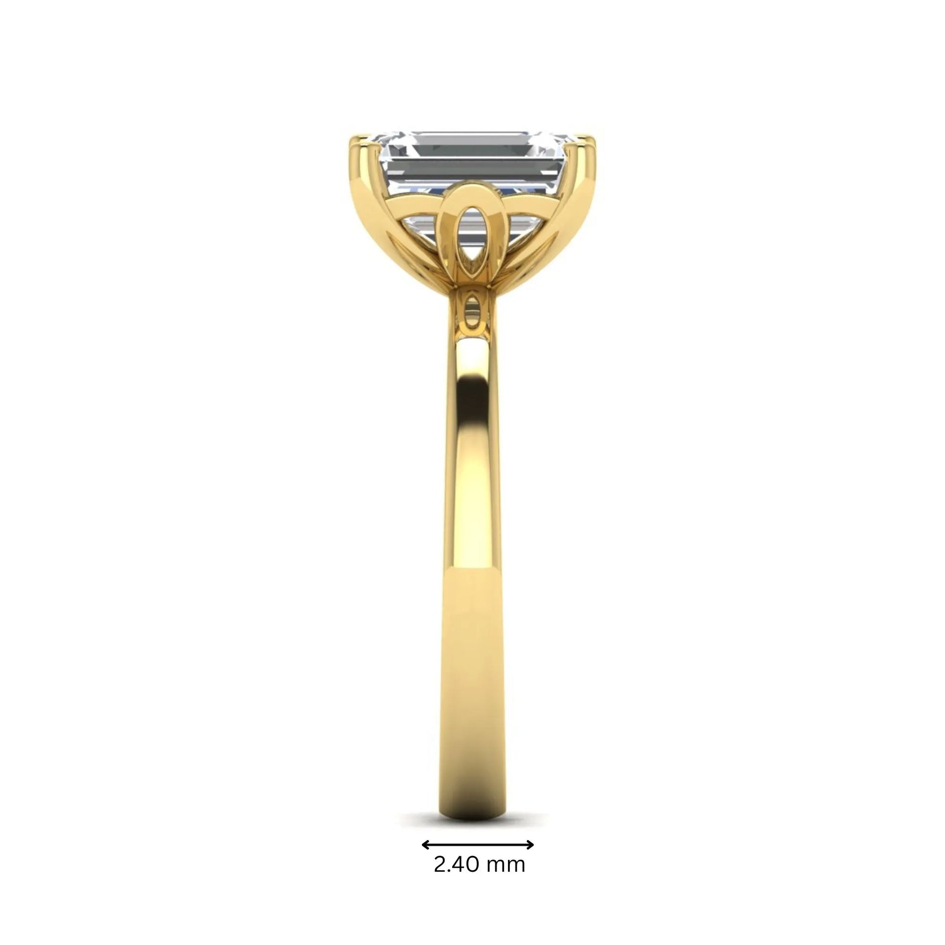 Emerald cut lab grown diamond solitaire engagement ring featuring a 2.62 carat IGI certified center diamond in yellow gold.