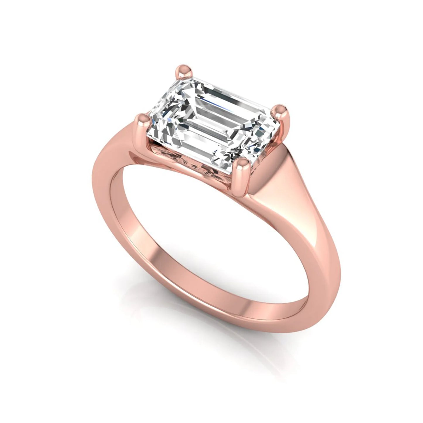 Emerald cut lab grown diamond solitaire engagement ring featuring a 1.74 carat IGI certified emerald diamond in a classic four-prong rose gold setting.