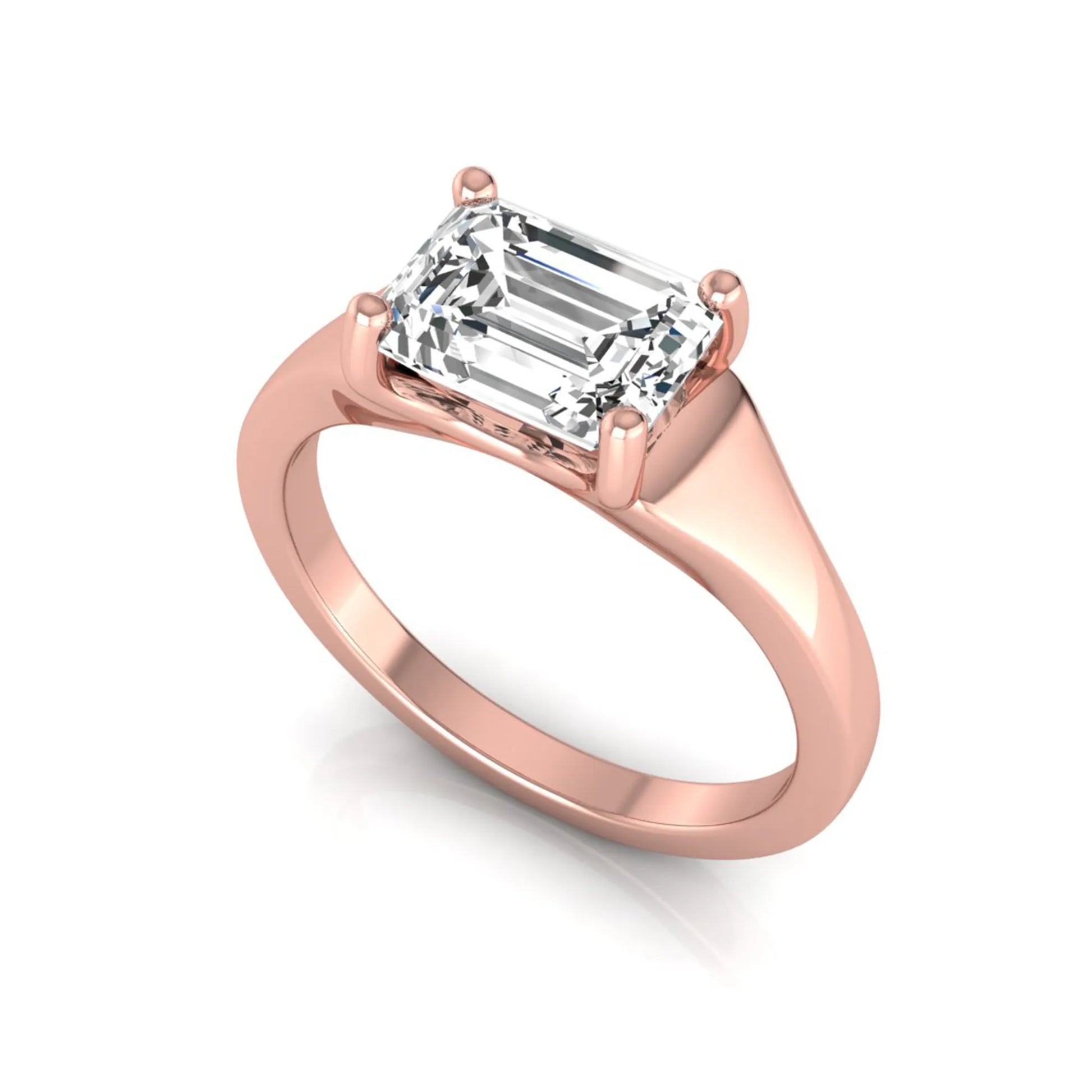 Emerald cut lab grown diamond solitaire engagement ring featuring a 1.74 carat IGI certified emerald diamond in a classic four-prong rose gold setting.