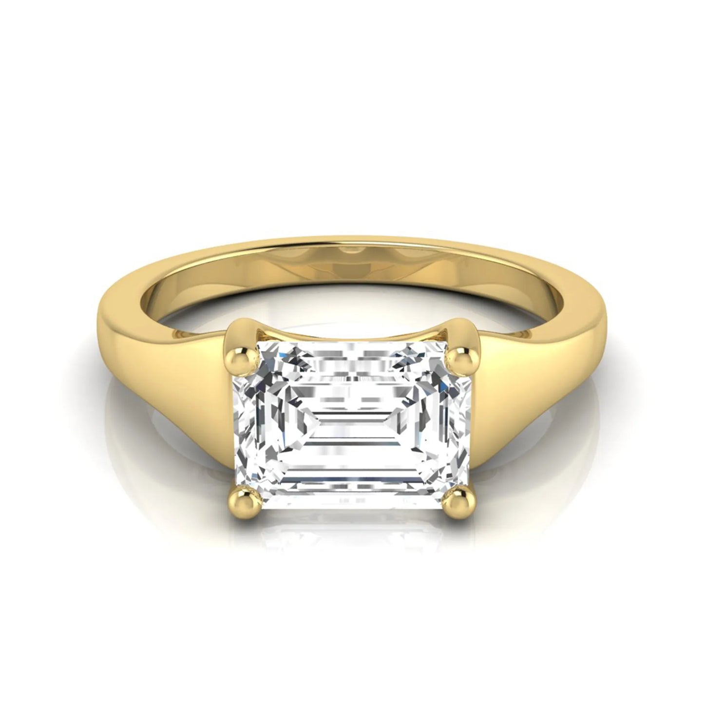 Emerald cut lab grown diamond solitaire engagement ring featuring a 1.74 carat IGI certified emerald diamond in a classic four-prong yellow gold setting.