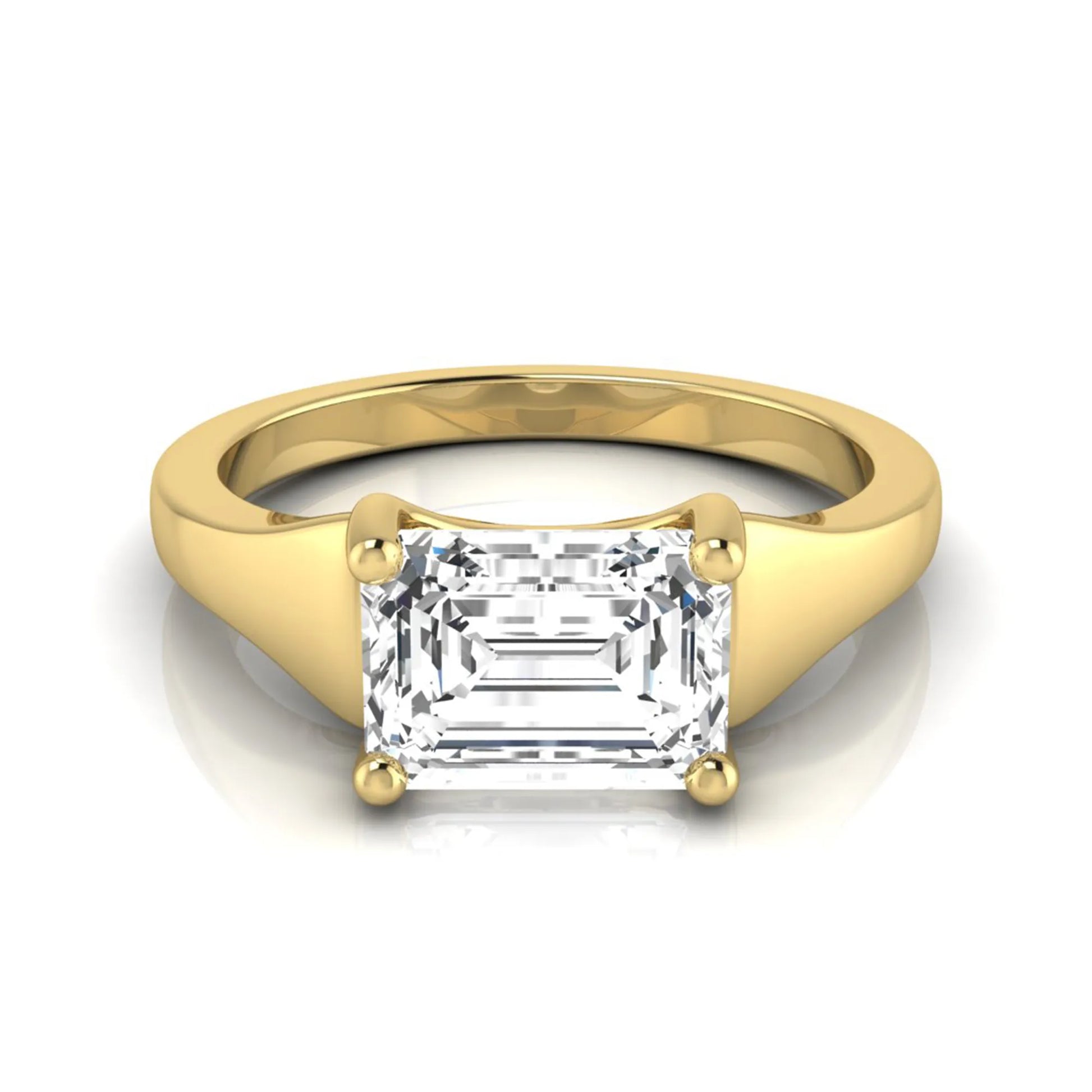 Emerald cut lab grown diamond solitaire engagement ring featuring a 1.74 carat IGI certified emerald diamond in a classic four-prong yellow gold setting.