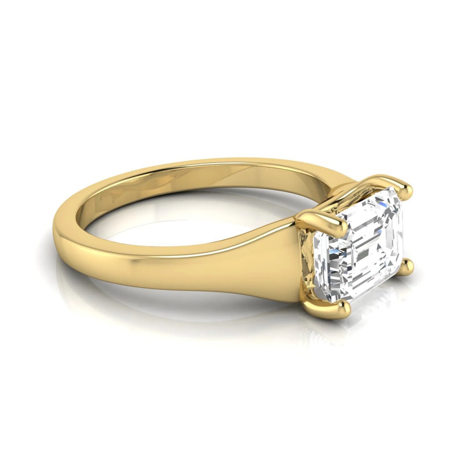 Emerald cut lab grown diamond solitaire engagement ring featuring a 1.74 carat IGI certified emerald diamond in a classic four-prong yellow gold setting.