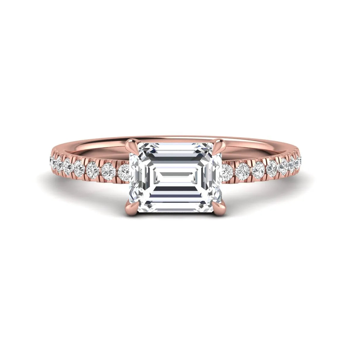 Emerald cut lab grown diamond solitaire pavé engagement ring with four-prong setting and rose gold tone band.