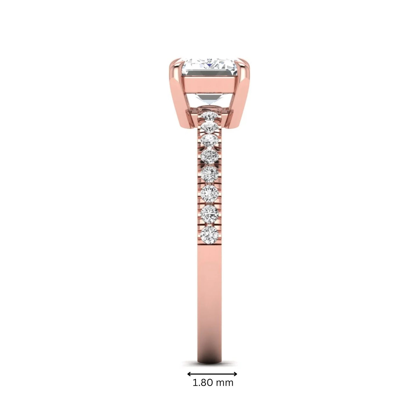 Emerald cut lab grown diamond solitaire pavé engagement ring with four-prong setting and rose gold tone band.