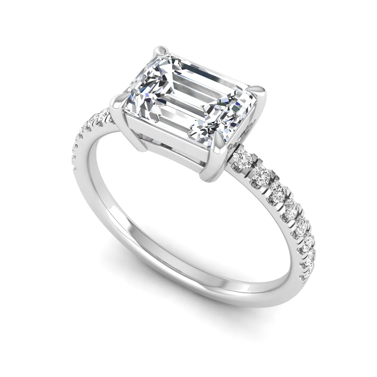 Emerald cut lab grown diamond solitaire pavé engagement ring with four-prong setting and white gold tone band.