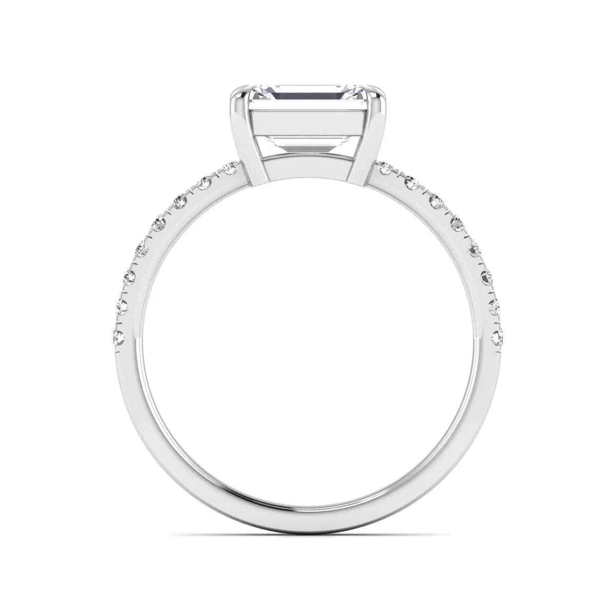 Emerald cut lab grown diamond solitaire pavé engagement ring with four-prong setting and white gold tone band.