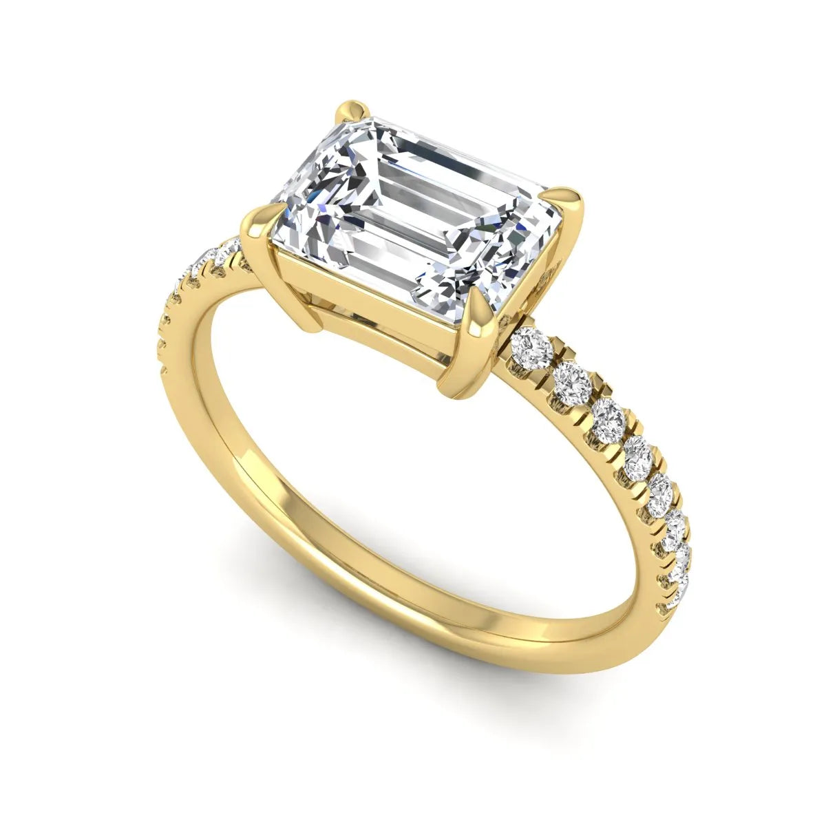 Emerald cut lab grown diamond solitaire pavé engagement ring with four-prong setting and yellow gold tone band.